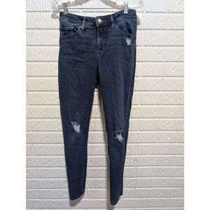 Express Women's Blue Dark-Wash Distressed Skinny Mid-Rise Denim Jeans Size 6L